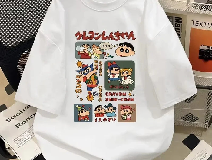 2025 stile giapponese estate Crayon Shin Chan personaggio dei cartoni animati T-shirt Harajuku moda cotone per il tempo libero T-shirt da donna sexy Top