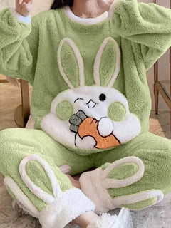 Autumn Sweet Princess Pajamas Set Women Cute Bunny Coral Fleece Warm Sleepwear Home Clothes Girls Kawaii Cartoon Pijama 2 Piece