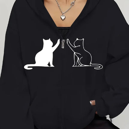 Harajuku Women's Sweatshirts Long Sleeve Zip-Up Casual Jacket with Cat Prints, Suitable for All Seasons Women'S Apparel Hoodie