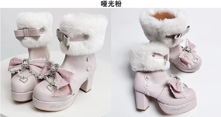 Original Japanese Sweet Cute Style Versatile Bow High Heel Boots Autumn Winter Mass-Produced Rhinestones Fur Short Boots