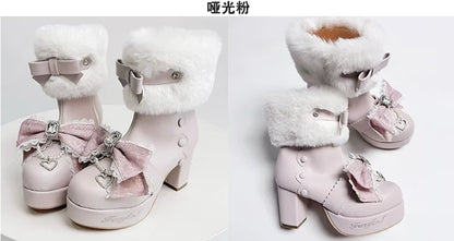 Original Japanese Sweet Cute Style Versatile Bow High Heel Boots Autumn Winter Mass-Produced Rhinestones Fur Short Boots