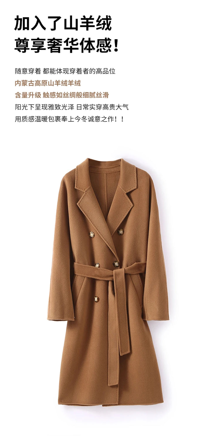 Ladies' 100% Cashmere Thick Double-Sided Extended Coat, Classic, Versatile and Fashionable for Business and Leisure