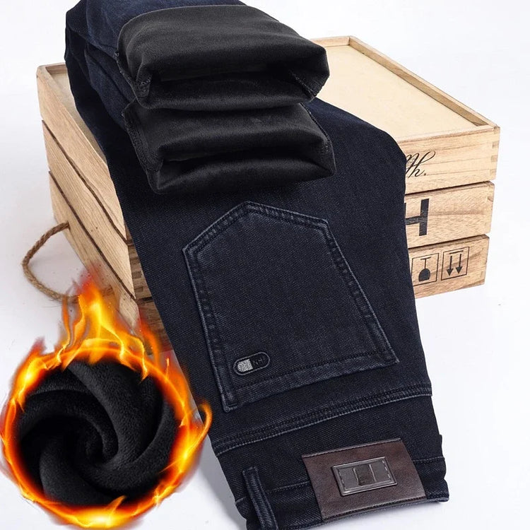 2026 New Men's Autumn and Winter Plush Thick Jeans Men's Stretch Business High Waisted Straight Leg Casual Cotton Pants
