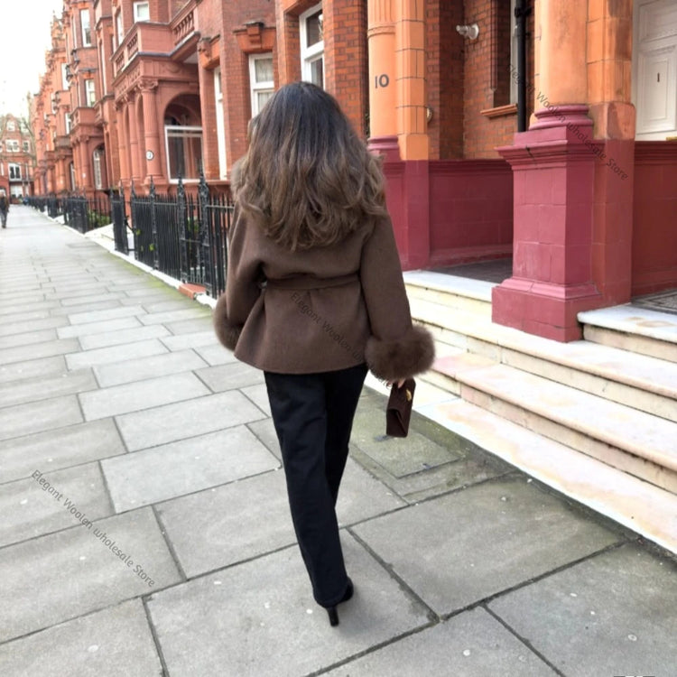 Real Fur Wool Jacket Fashion Reality Fur Jacket Women Natural Fox Fur Cuffs Winter Clothing Female Elegant with Belt Woolen Coat