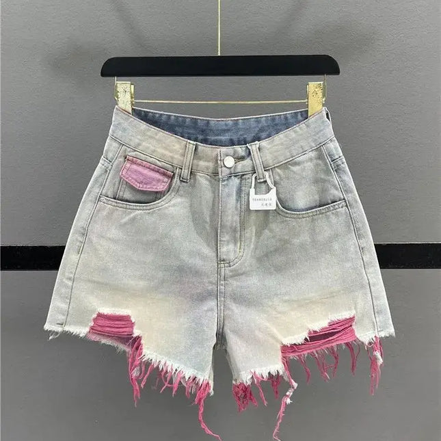 Korean Style Pink Hole Denim Shorts Women's Summer New High Waist Raw Edge A-line Hot Girl Shorts Fashion Niche Thin Hot Pants