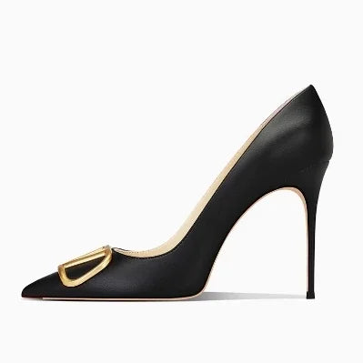 Décolleté alla moda con tacco alto grigio brillante con fibbia a V Sandali primaverili estivi Tacchi a punta in vera pelle