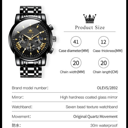 OLEVS Orologi al quarzo da uomo Orologi di marca in acciaio inossidabile Orologio sportivo impermeabile per uomo Cronografo con fasi lunari platinumshop