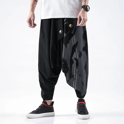 Pantaloni alla moda da uomo Samurai giapponese Ukiyo-e Cintura con stampa Pantaloni stile harem da uomo in cotone e lino Casual Oversize Harajuku Pantaloni a gamba larga da uomo