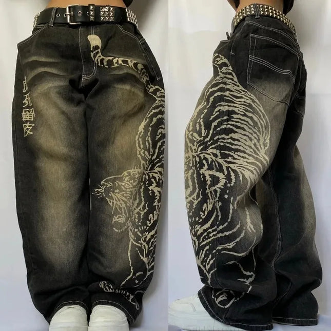 Y2K American New Fashion Tiger Print Loose Jeans Women High Street Harajuku Wind Trend Casual Joker High Waist Wide Leg Pants