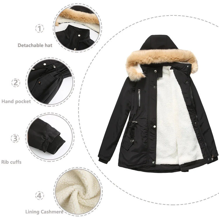 Women's Winter Coat Warm Fleece Lined Parka Detachable Faux Fur Hood Padded Jacket Slim Waist Thick Sherpa Loose Cotton Outwear