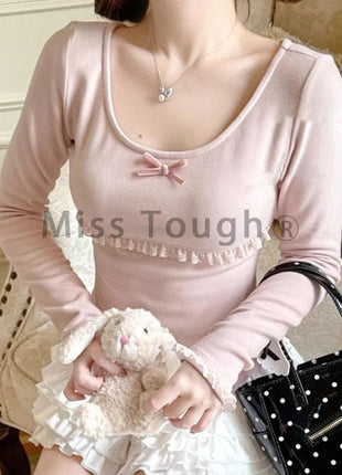 Autunno Inverno Nuovo Dolce Camicetta Rosa Donna Arco Girocollo Manica Lunga Sotto Il Strato Base Magliette e camicette Giapponese Kawaii Vestiti Sottili 2025 - platinumshop