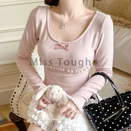 Autunno Inverno Nuovo Dolce Camicetta Rosa Donna Arco Girocollo Manica Lunga Sotto Il Strato Base Magliette e camicette Giapponese Kawaii Vestiti Sottili 2025 - platinumshop