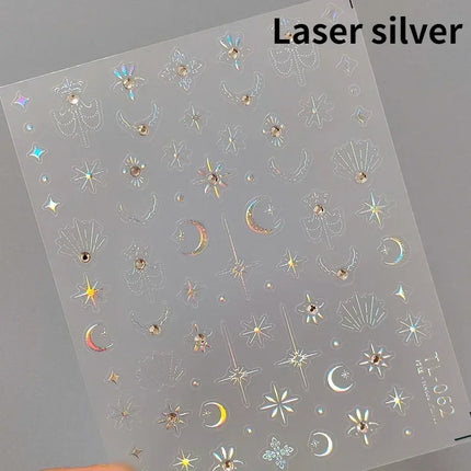 Punk Glitter Powder Blue Pink Star Charm Laser Silver Gold Starlight Rhinestones Moon DIY Nail Art Stickers Manicure Tool Decals