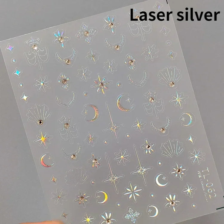 Punk Glitter Powder Blue Pink Star Charm Laser Silver Gold Starlight Rhinestones Moon DIY Nail Art Stickers Manicure Tool Decals