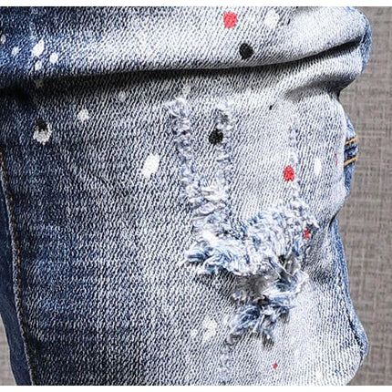 Fashion Streetwear Men Jeans Retro Black Blue Elastic Slim Fit Ripped Jeans Men Spliced Designer Embroidery Hip Hop Denim Pants PlatiNum