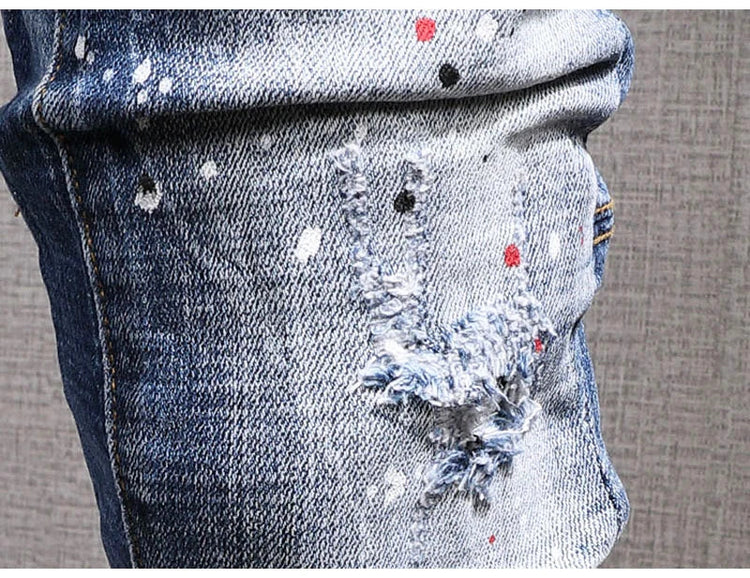 Fashion Streetwear Men Jeans Retro Black Blue Elastic Slim Fit Ripped Jeans Men Spliced Designer Embroidery Hip Hop Denim Pants PlatiNum