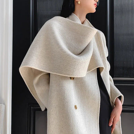 Luxury Hand-sewn Double-sided Cashmere Wool Coat Women New Mid-length Scarf Collar Loose Lace-up Warm Wool Coat Fashion Winter
