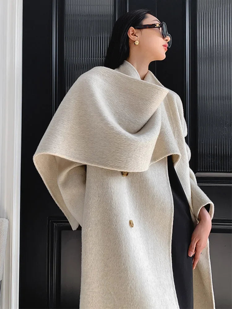 Luxury Hand-sewn Double-sided Cashmere Wool Coat Women New Mid-length Scarf Collar Loose Lace-up Warm Wool Coat Fashion Winter