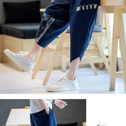 Pantaloni Kimono giapponesi da uomo in cotone traspirante Samurai Abbigliamento Pantaloni da uomo Stampa allentata Pantaloncini Harem retrò Pantaloni Hip Hop Harajuku