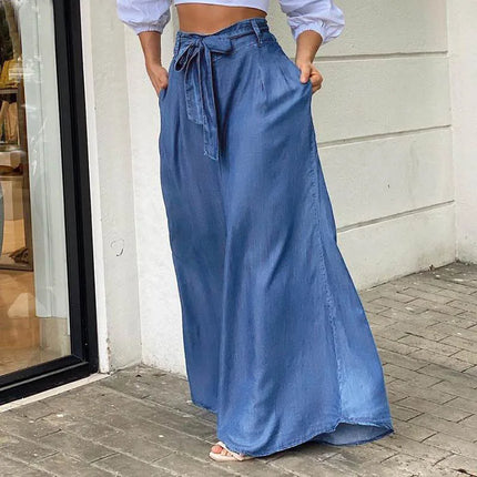 Eleganti Jeans a vita alta donna Denim estate pantaloni a gamba larga Lace-up Solid Female Lage Size Street pantaloni Casual abbigliamento