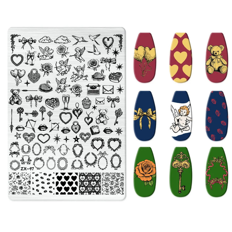 Flowers Love Nail Stamping Newspaper Splice Theme Irregular Stamping Plates Letter Nail Art Printing Stencil Tool Big Size Tools