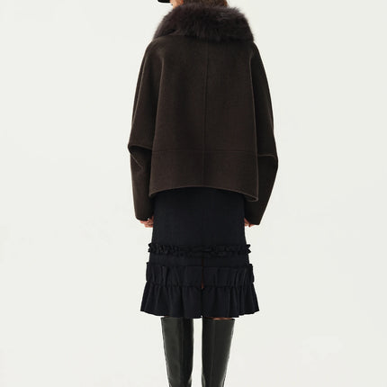 DUSHU Short Wool Coat  Fox Fur Collar and Camel Hair Women Warm Single Breasted Elegant Temperament Winter Batwing Sleeve