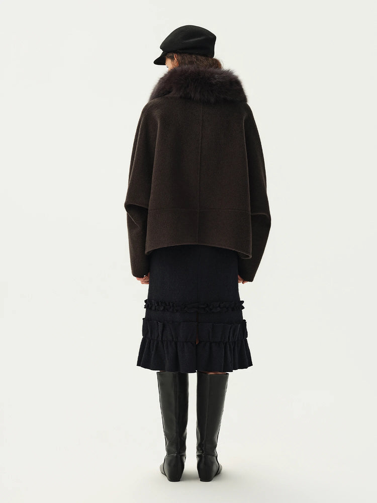 DUSHU Short Wool Coat  Fox Fur Collar and Camel Hair Women Warm Single Breasted Elegant Temperament Winter Batwing Sleeve