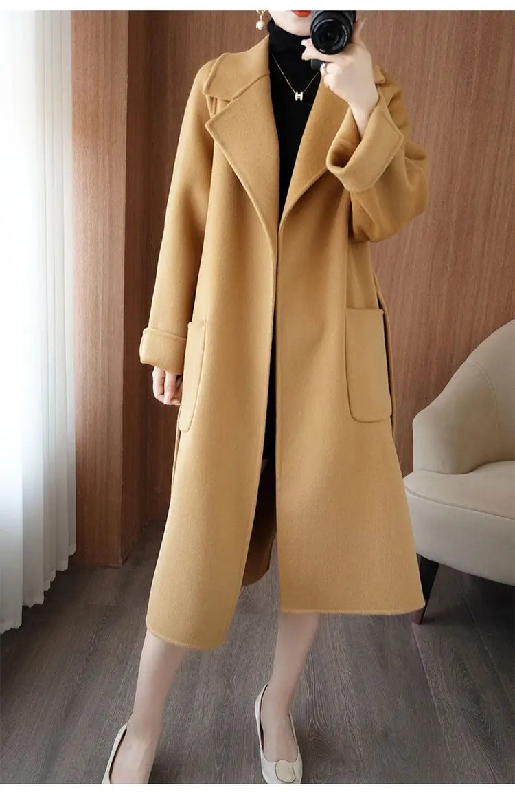 100% Wool Coat Women's Wear 2026 Autumn/Winter Fashion Temperament Double sided Cashmere Coats with Belt Elegant Long Overcoat