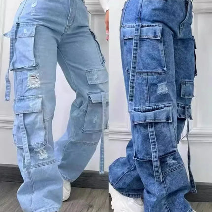Nuovi Jeans da Donna 2026 alla Moda, Tinta Unita, Casual, Stile Workwear, in Denim, a Vita Alta, Multitasche, Vestibilità Ampia, Versatili, Taglie Forti