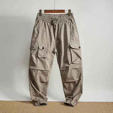 Men Elastic Drawstring Waist Jogger Cargo Pants Multi Button Pockets Vintage Washed Tapered Ankle Cuff Casual Street Trousers
