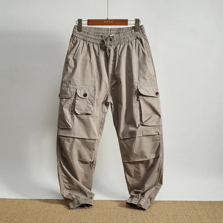 Men Elastic Drawstring Waist Jogger Cargo Pants Multi Button Pockets Vintage Washed Tapered Ankle Cuff Casual Street Trousers