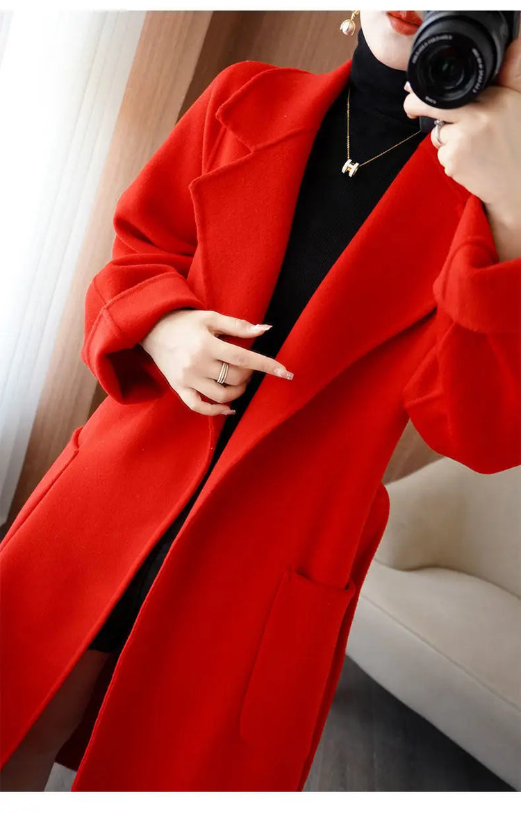 100% Wool Coat Women's Wear 2026 Autumn/Winter Fashion Temperament Double sided Cashmere Coats with Belt Elegant Long Overcoat