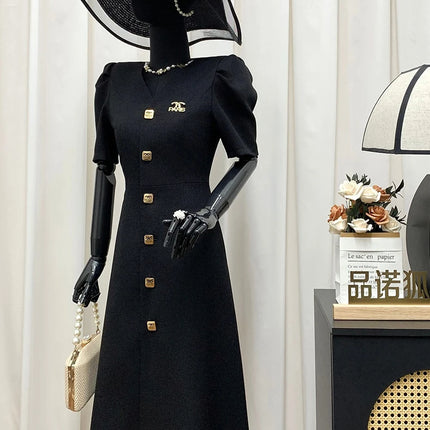 Women's Lautaro Spring-Summer Black Slim Elegant Dresses, V-Neck with Puff Short Sleeves and Buttons, Chic Luxury Designer Clothing