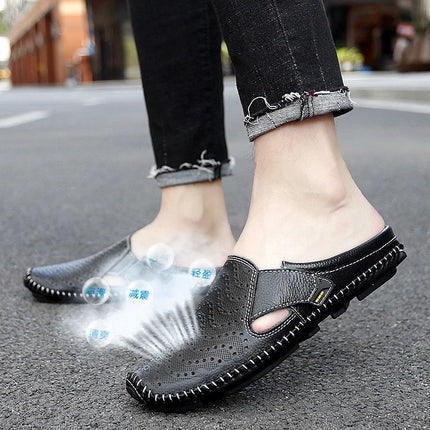 Nuove pantofole da uomo in vera pelle estate traspirante Casual muli mezze scarpe leggere per uomo mocassini da guida antiscivolo all'aperto uomo