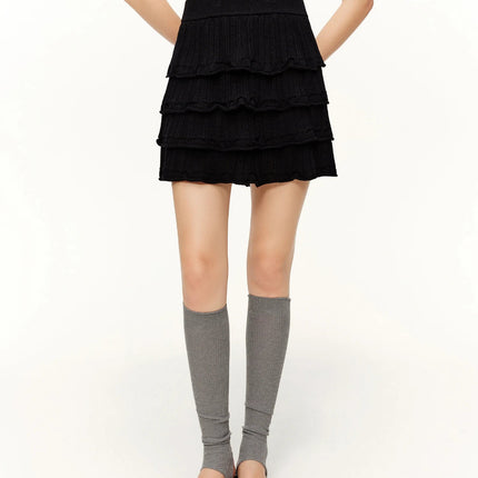 DUSHU Ruffled Knitted Skirt Spring Black Elastic Waist Cake Mini Skirt Ruched Ruffles Sweet Straight Leisure Korean Style PlatiNum