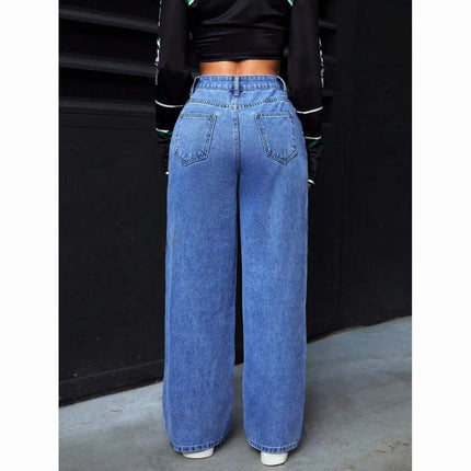 Jeans a gamba dritta a vita alta lavati blu da donna americana Jeans larghi con tasche frontali e posteriori adatti per l'abbigliamento casual quotidiano