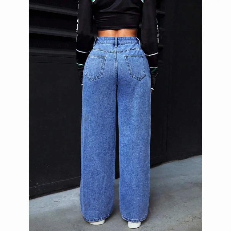 Jeans a gamba dritta a vita alta lavati blu da donna americana Jeans larghi con tasche frontali e posteriori adatti per l'abbigliamento casual quotidiano