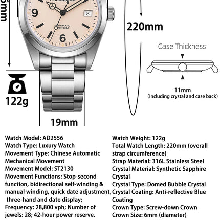 ADDIESDIVE AD2556 Men Luxury Automatic Watch ST2130 Movement 36mm Explorer Style Sapphire Bubble Crystal BGW9 Luminous 100M Wate