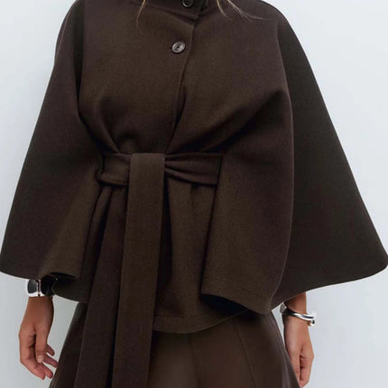 Women Lace Up High Neck Jackets for Women with Belt Elegant Windbreaker Faux Wool Blends Cape Korean Solid Windbreaker Cloak