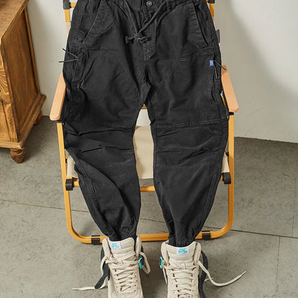 Autumn New American Retro Woven Cargo Pants Men's 97.5% Cotton Washed Elastic Waist Drawstring Loose Casual Anke-tied Trousers