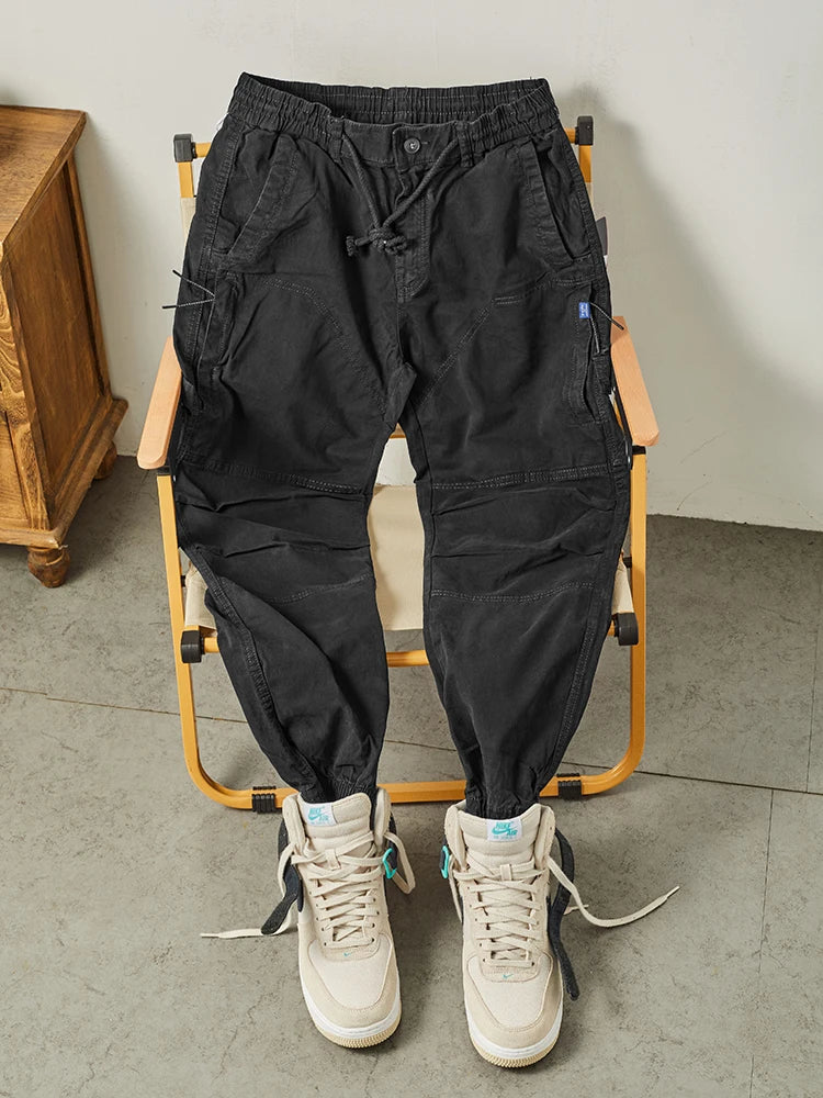 Autumn New American Retro Woven Cargo Pants Men's 97.5% Cotton Washed Elastic Waist Drawstring Loose Casual Anke-tied Trousers