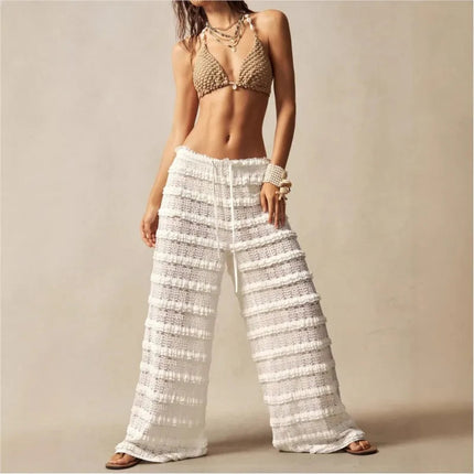 Pantaloni Estivi 2026 Casual Larghi a Gamba Larga in Maglia Tinta Unita da Donna per Vacanze e Spiaggia Stile Semplice Trasparenti platinumshop