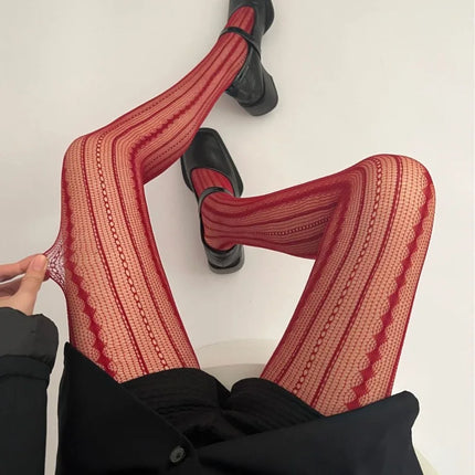 Women's Sexy Lace Fishnet Stockings Lolita Style Hollow Out Design Red Silk Socks JK High Waist Striped Tights Christmas Gifts