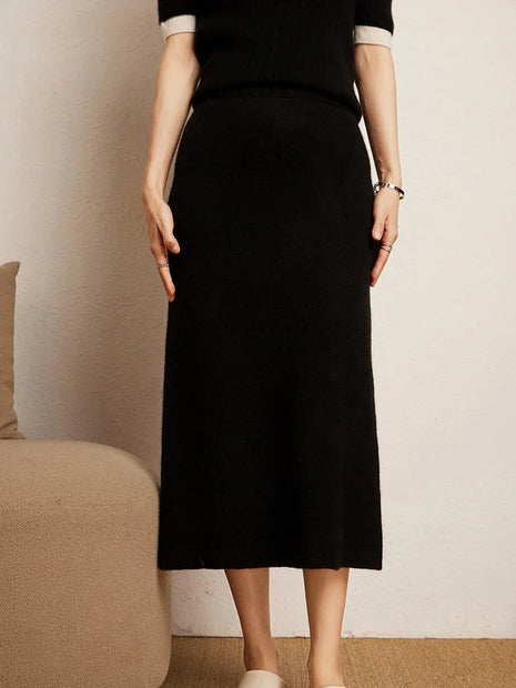 Luxury 100% Cashmere Mid-Calf Pencil Skirt Simple Basic Style Women Solid Color Autumn Winter High Waist Slimming Knitted Skirt PlatiNum