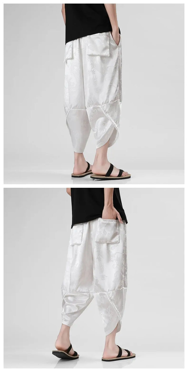Pantaloncini in Seta Ghiaccio da Uomo, Stile Cinese, Estivi, Comodi, Pantaloni Harem Vintage Traspiranti, Tinta Unita, Lunghezza al Polpaccio