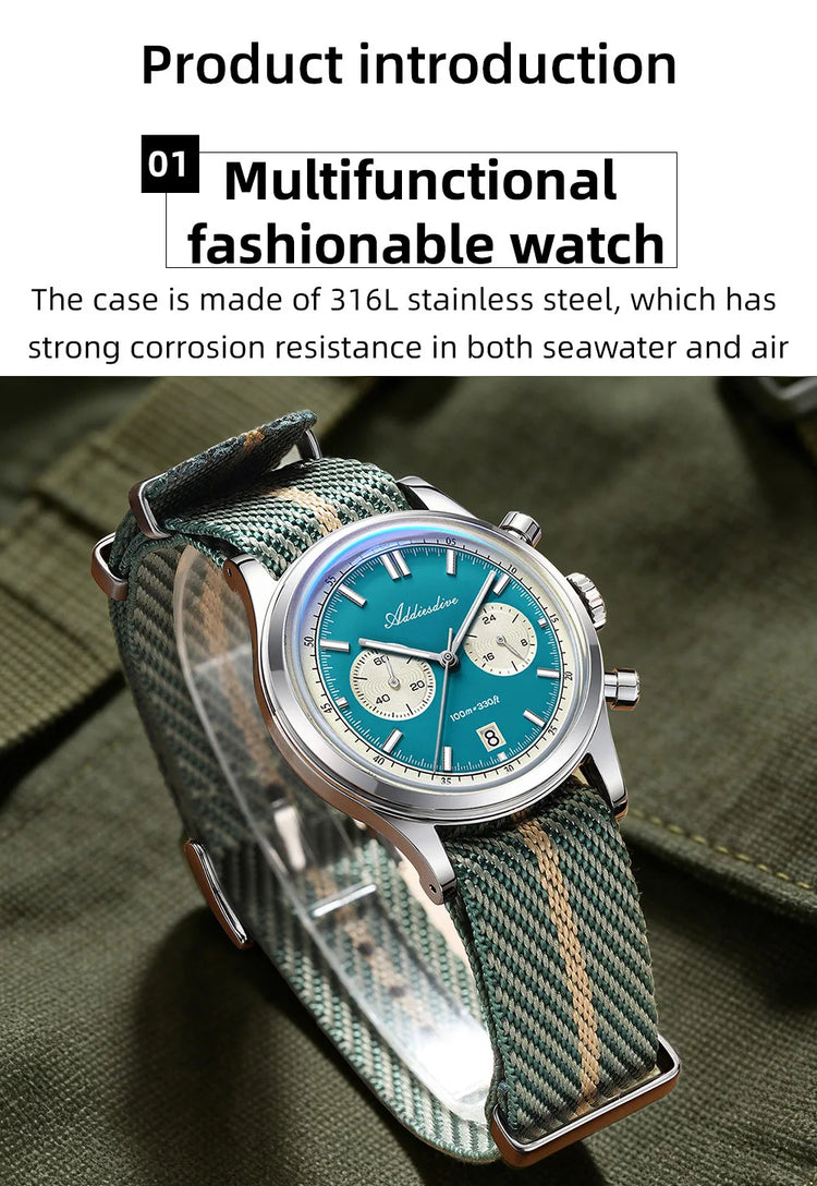 ADDIESDIVE AD2542 Luxury Quartz Chronograph Watch for Men Japanese 0S21 Movement 38mm Stainless Steel Case BGW9 Lume 100M Waterp