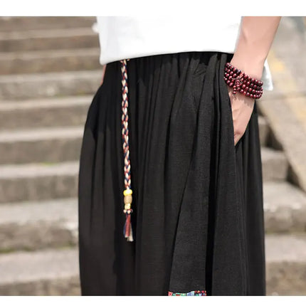 Pantaloncini kimono giapponese Costume da samurai in lino da uomo Ukiyo-e Cintura con stampa Pantaloni a gamba larga Retro Haori Pantaloni casual larghi Harajuku da uomo