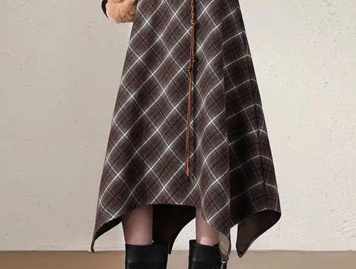 Women Faux Woolen Plaid Long Skirts Korean Vintage Belt Loose High Waist A Line Skirt Casual Fall Winter Irregular Retro Skirts PlatiNum