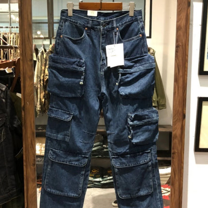 Multi Pockets Heavyweight Cotton Denim Dark Blue Men Pants American Tough Guys Male Overalls Straight Workwear Cargo Trousers