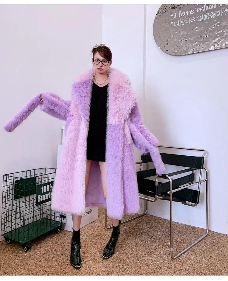 ZADORIN New Spliced Oversize Belted Long Faux Fur Coat Woman Winter Clothes Furry Jacket Fur Faux Coat New in Coats & Jackets